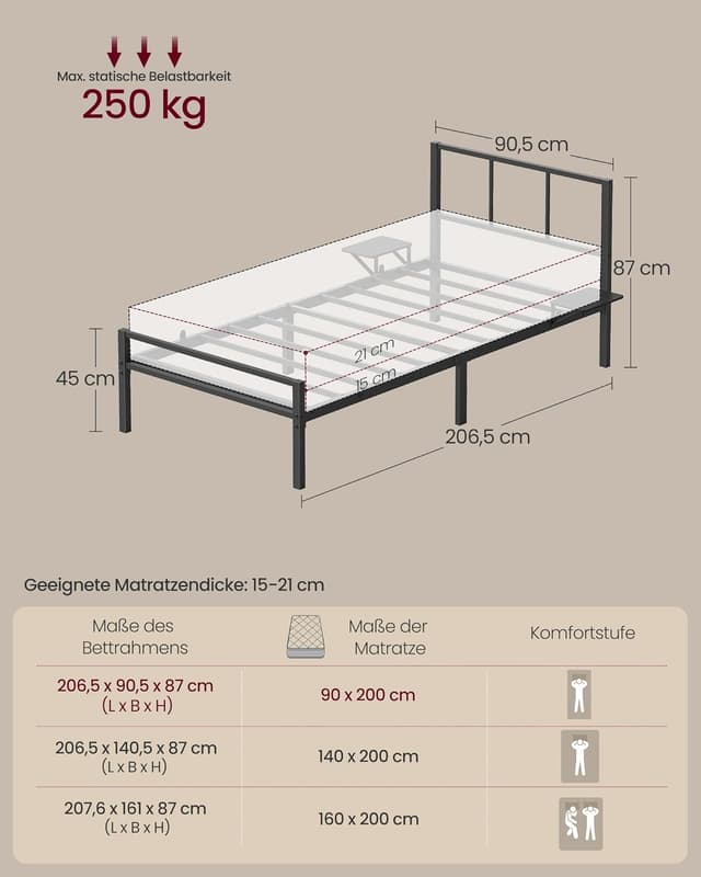 Detalle 2 de Einzelbettgestell 90 x 200 cm mit Kopfteil