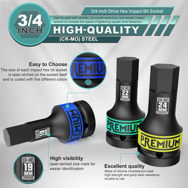 Detalle 2 de Jeu de douilles longues hexagonales à chocs 3/4" KIRXST (14 à 24 mm) – 5 douilles Allen