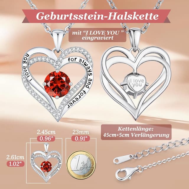 Detalle de CDE Damen Herz-Anhänger-Halskette mit 12 Geburtssteinfarben (925 Silber oder Messing)