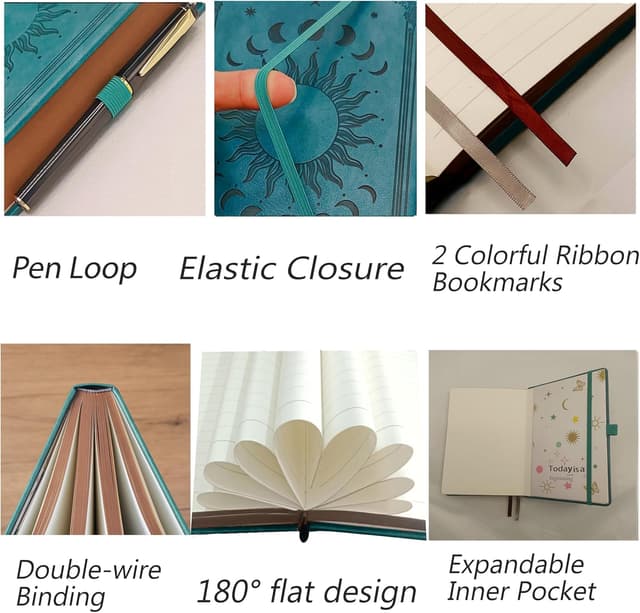 Detalle 1 de HwxBen B5 Leather Journal (Seagreen) – 360 Lined Pages, Lay-Flat, Ribbon Bookmarks & Pen Holder