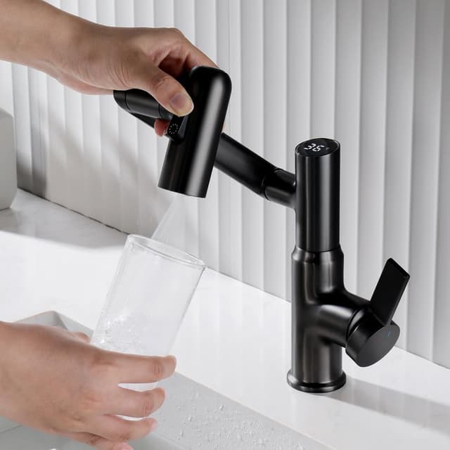 Detalle 2 de GEOATON Temperature Bathroom Taps with Temperature Display, Matte Black – Single Handle, 2 Sprays