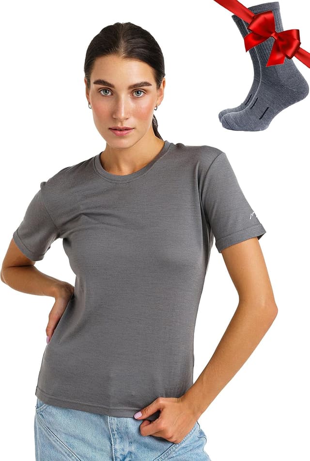 Detalle de Merino.tech 100% Merino T-Shirt Damen (165 g/m², 17,5-Mikron) + Merino-Wandersocken-Set