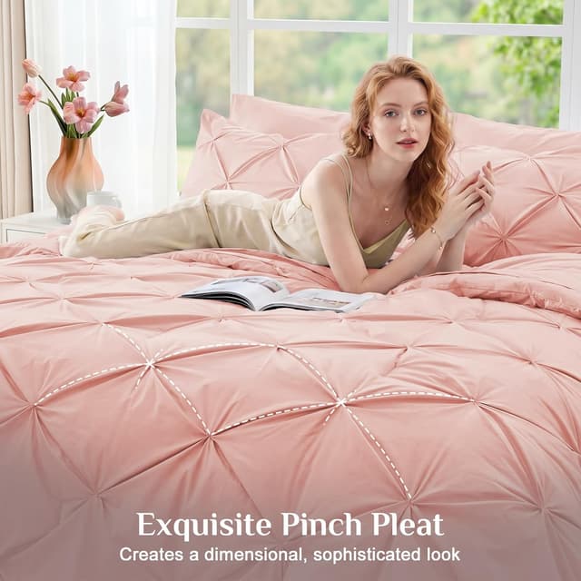 Detalle 2 de JOLLYVOGUE Queen Comforter Set (7-Piece) with Pintuck Microfiber Bedding, Pink