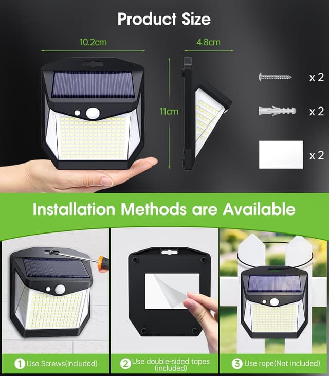 Detalle 2 de Solar Security Lights Outdoor Garden (248 LEDs) 3 Modes Motion Sensor Wall Lights – IP65, 2 Pack