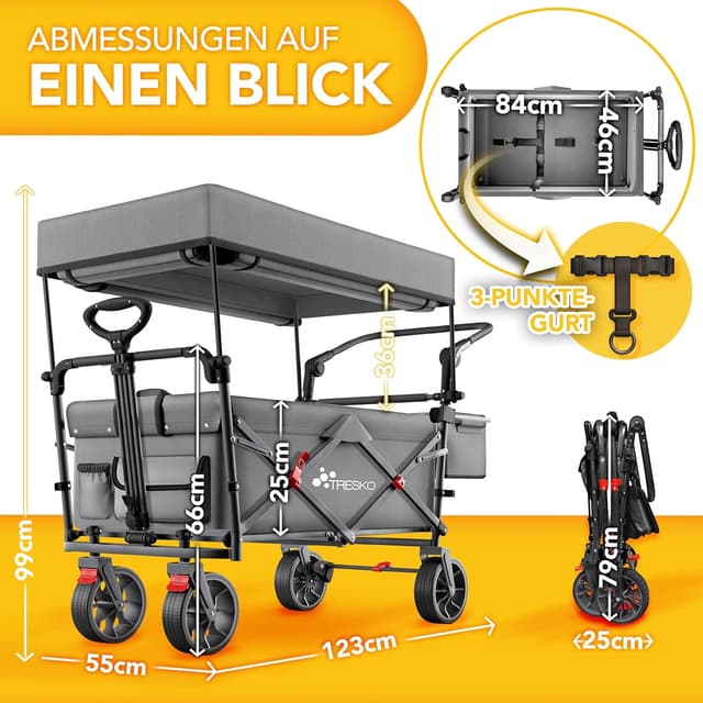 Detalle de TRESKO faltbarer Bollerwagen mit Dach, Kühlfach & Seitenrollos (bis 150 kg) – inkl. Vollgummireifen, Feststellbremsen & 3-Punkt-Gurt
