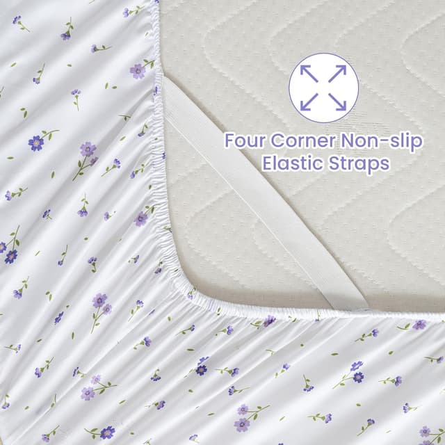 Detalle 2 de softan Purple Floral King Bed Sheet Set with 15-inch Deep Pocket Fitted Sheet & Non-Slip Straps