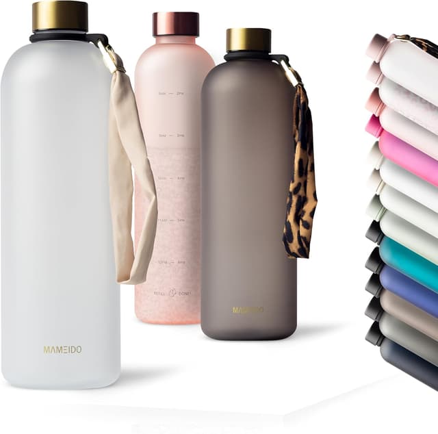 Detalle de MAMEIDO Trinkflasche mit Zeitmarkierung, 1,5 l (kohlensäurehaltig, BPA-frei) – auslaufsicher mit Tritan