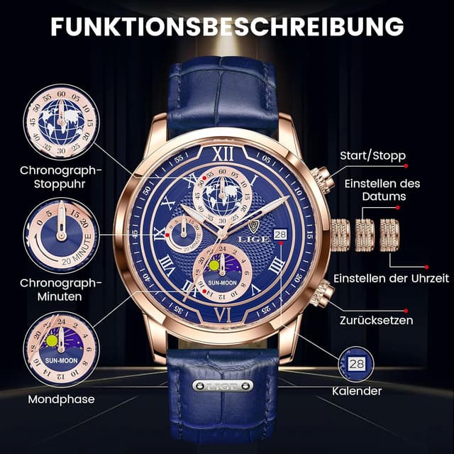 Detalle de LIGE Herren Armbanduhr mit Lederarmband, Quarzwerk, Chronograph-Optik, Datum & Mondphase – wasserdicht bis 30 m