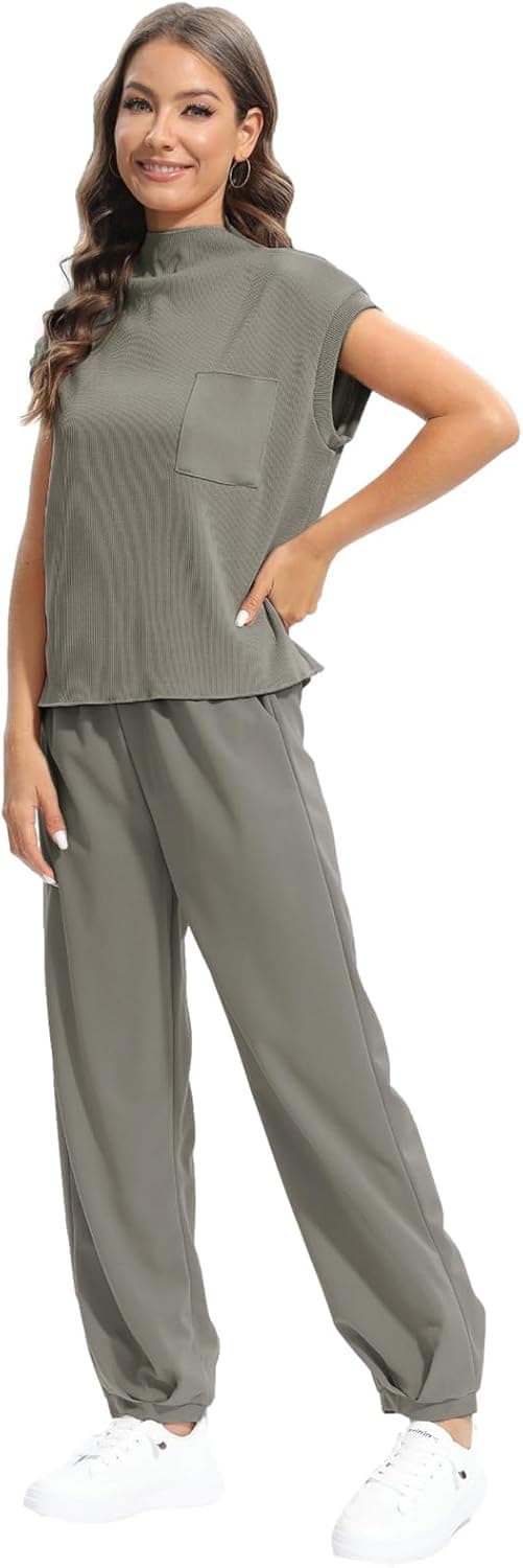 Detalle de Momuk Women’s 2-Piece Ribbed Knit Lounge Set – Short Sleeve Pullover & High Waist Wide Leg Pants