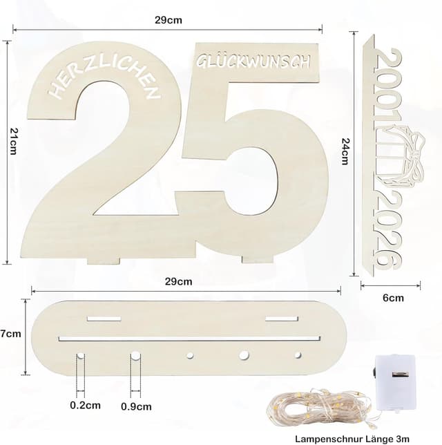 Detalle 2 de Seutgjie Geschenk zum 25. Geburtstag (2001–2026) mit LED-Lichterkette und Holzschild