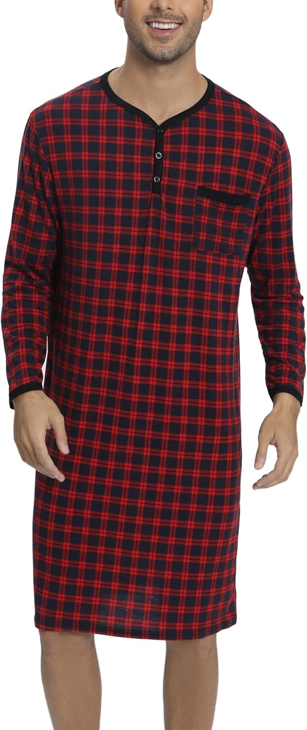 Detalle de Yukiuiny Herren Langarm-Nachthemd knielang aus Jersey (Baumwolle/Spandex), weich & luftig fürs Schlafen und Krankenhaus