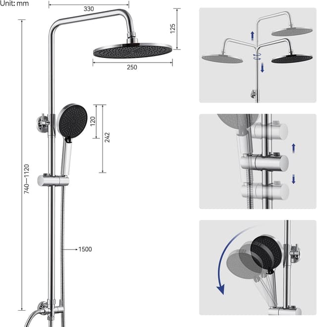 Detalle 2 de AuraLum Auralum Colonna Doccia senza miscelatore con set doccia 25 cm, saliscendi regolabile e 4 getti (cromo)