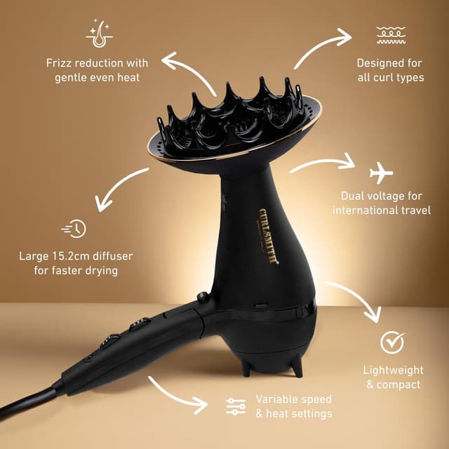 Detalle 2 de Curlsmith Defrizzion Travel Edition Dryer with XL Diffuser | Dual-voltage compact hairdryer
