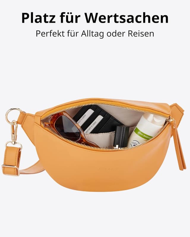 Detalle de Expatrié Alice Small Damen-Bauchtasche in Orange – wasserabweisende Gürteltasche aus veganem Leder mit verstellbarem Riemen