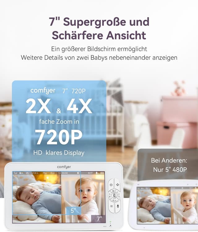 Detalle 2 de Comfyer Babyphone mit 2 Kameras und 7 Zoll