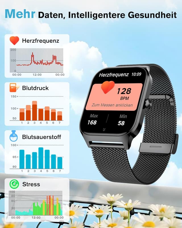 Detalle de KALINCO Smartwatch für Herren & Damen mit Blutdruckmessung, Bluetooth-Telefonie und 100+ Sportmodi
