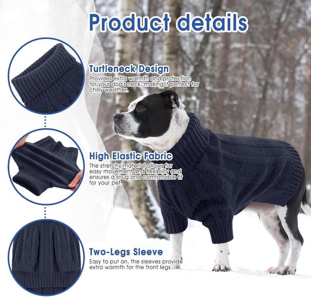 Detalle de Queenmore Dog Jumper Small (Navy) – Blue Turtleneck Cable Knit Long Sleeve Sweater for Small Dogs