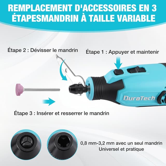 Detalle de DURATECH Outil rotatif multifonction sans fil 12 V (118 accessoires) — 7 vitesses variables 5000 à 35000 tr/min