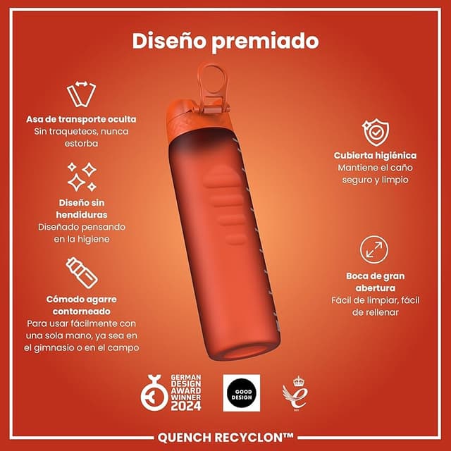 Detalle 2 de ion8 Botella de Agua 1 L, a prueba de fugas, naranja