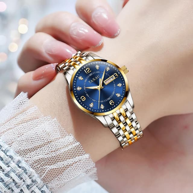 Detalle de Taxau Damenuhr mit arabischen Ziffern, blauem Zifferblatt und Datumsanzeige (Edelstahl, 3 ATM) – kleines Zifferblatt