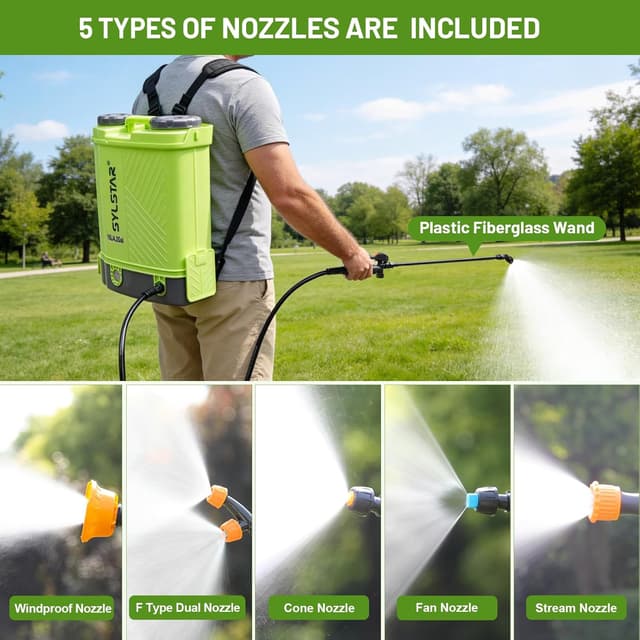 Detalle de SYLSTAR 16L Battery Powered Knapsack Sprayer (Makita 18V Compatible) – 100PSI Backpack Sprayer with 5 Nozzles