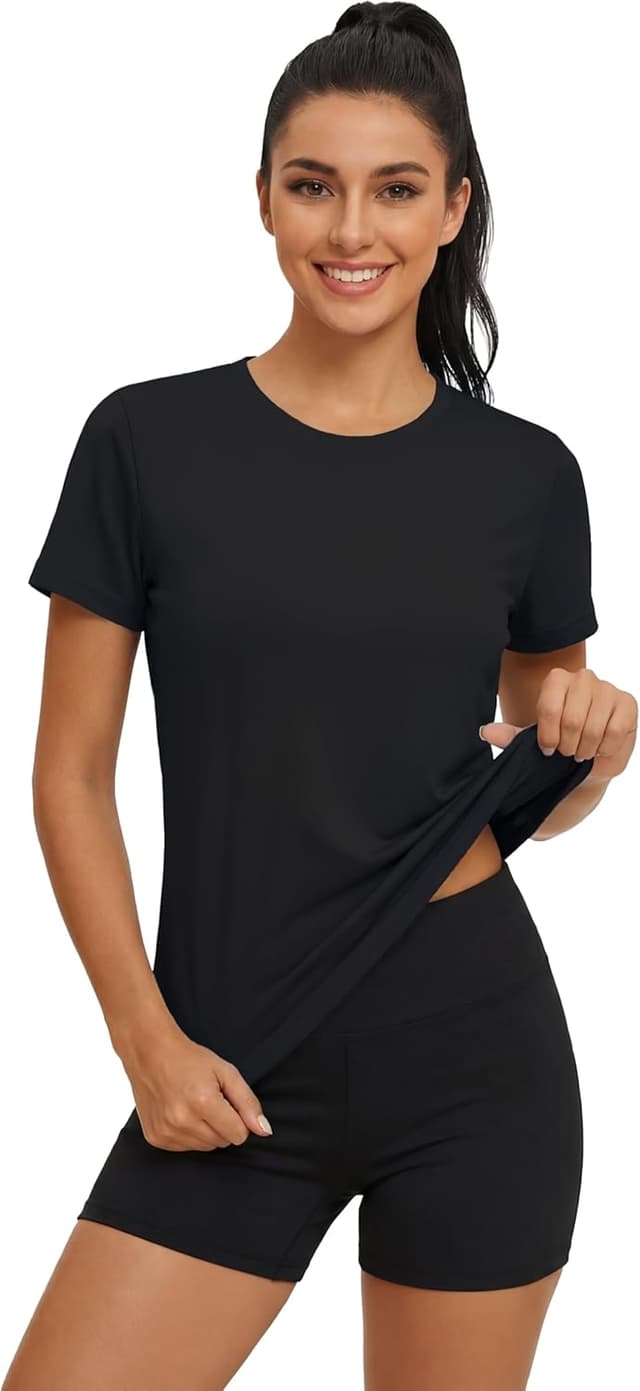 Detalle de MAGCOMSEN Damen UV-Shirt Kurzarm – Funktionsshirt für Sport, Yoga, Wandern & Wassersport