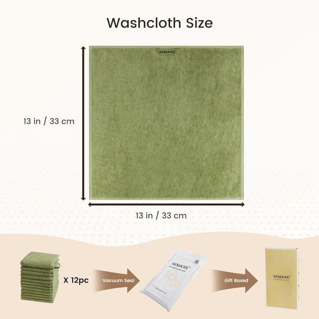 Detalle 2 de SEMAXE 100% Cotton Washcloths 12-Pack (13 × 13-inch) — Soft, super-absorbent face towels with hanging loop