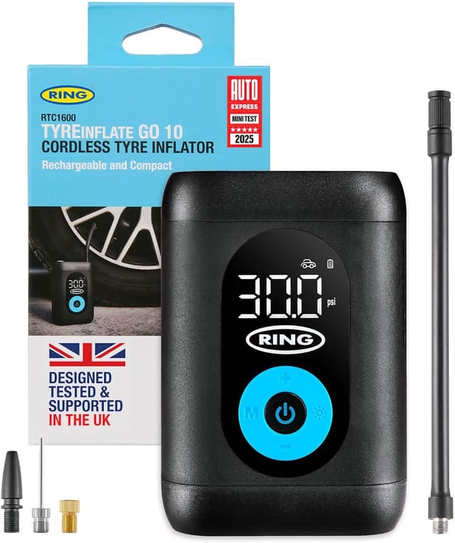 Detalle de Ring TyreInflate GO 10 Compact Cordless Tyre Inflator – Digital PSI/Bar/kPA, light & adaptor kit
