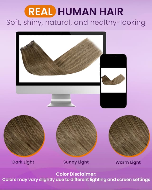 Thumbnail 6 de LaaVoo Clip-in Extensions Echthaar Glatt 40 cm (4 Clips, 80 g) #8/16/8 – Braun/Balayage