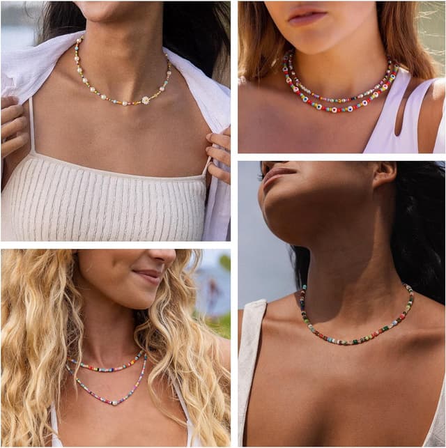 Detalle de TINGN bunte Perlenkette für Damen, handgefertigt im Boho-Stil – verstellbar mit Herz-Motiv