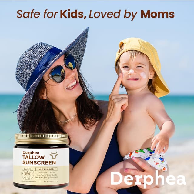 Detalle de Derphea Natural Beef Tallow Sunscreen SPF 50 (22% Non-Nano Zinc Oxide) for Sensitive, Acne-Prone, Kid-Safe Skin