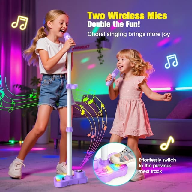Detalle de Kinder-Karaoke-Maschine mit 2 Bluetooth-Mikrofonen und höhenverstellbarem Mikrofonständer (LED & 5 Toneffekte) – Geschenk ab 3 bis 12 Jahre