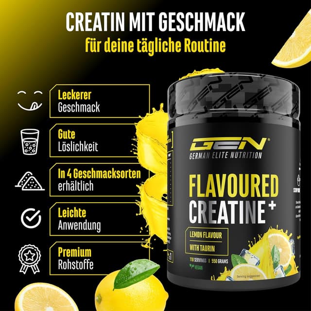 Detalle de GEN German Elite Nutrition Flavoured Creatine Pulver (550 g) – Creatin Monohydrat mit L-Taurin, vegan & zuckerfrei