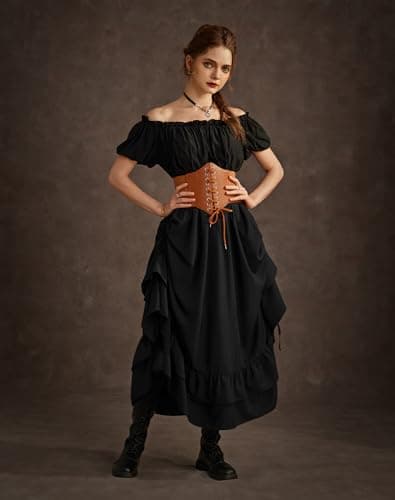 Detalle de SCARLET DARKNESS Jupe longue médiévale seampunk à taille haute, double couche à volants, noir (XXL)