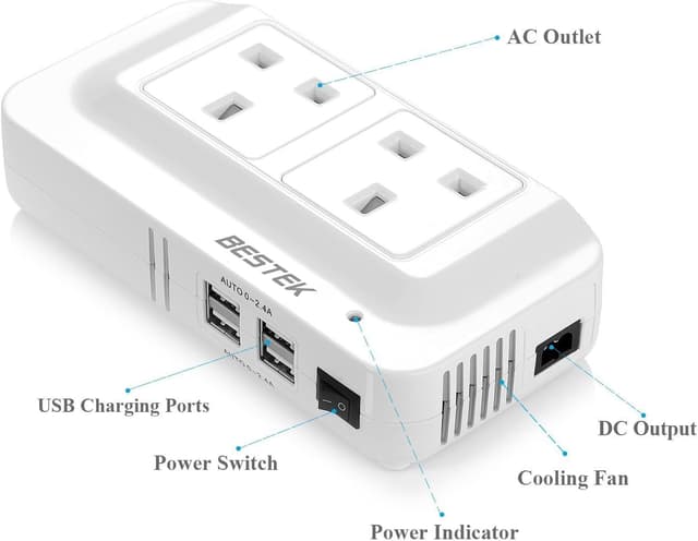 Detalle de BESTEK 200W Car Power Inverter DC 12V to AC 230/240V with 4 USB and Dual Socket