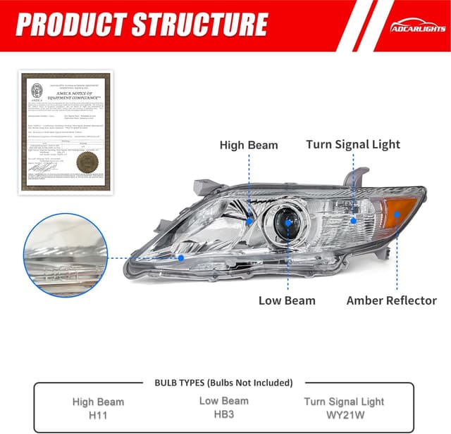 Detalle de ADCARLIGHTS Compatible Headlights for 2010–2011 Toyota Camry (Chrome Housing, Amber Reflector, Clear Lens) — Driver & Passenger Side (W/O Bulbs)