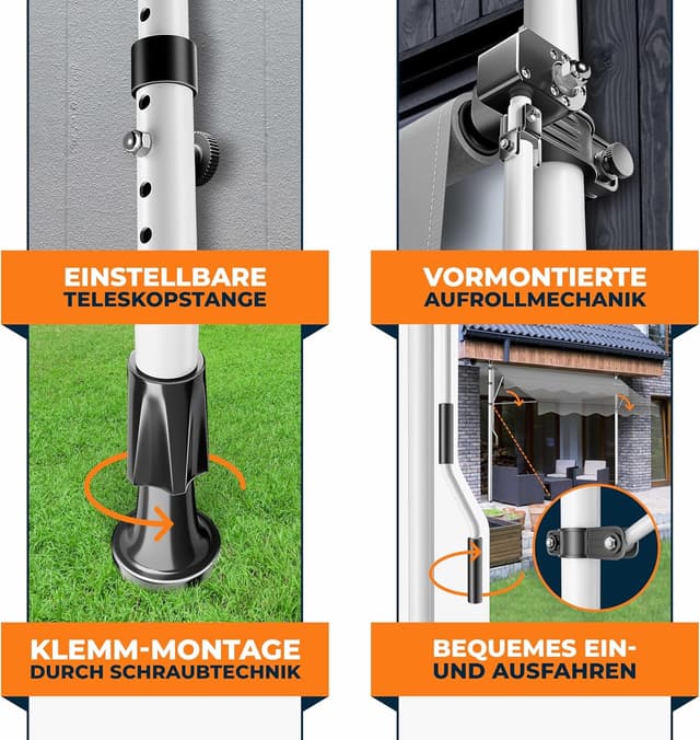 Detalle de KESSER Klemmmarkise mit Handkurbel & LED-Lichterkette (Balkonmarkise ohne Bohren) – höhenverstellbar, UV-beständig