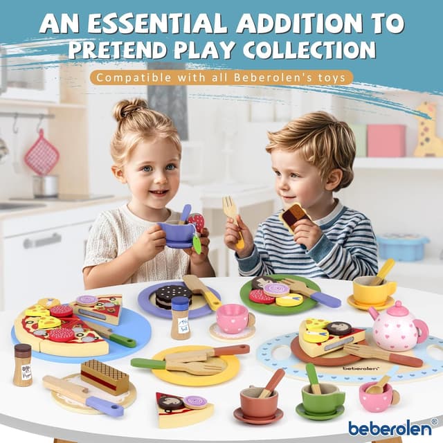 Detalle de Beberolen Wooden Toy Food Set for Kids Kitchen – tea party and pretend cooking dishes, plates and cutlery