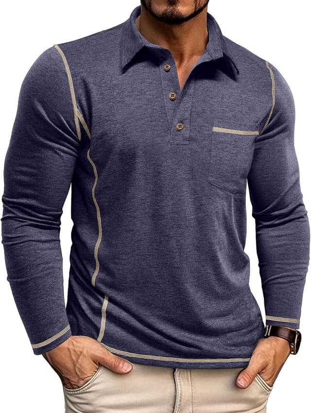 Detalle 1 de Volemo men’s long sleeve polo shirts in cotton with pocket – casual golf tops