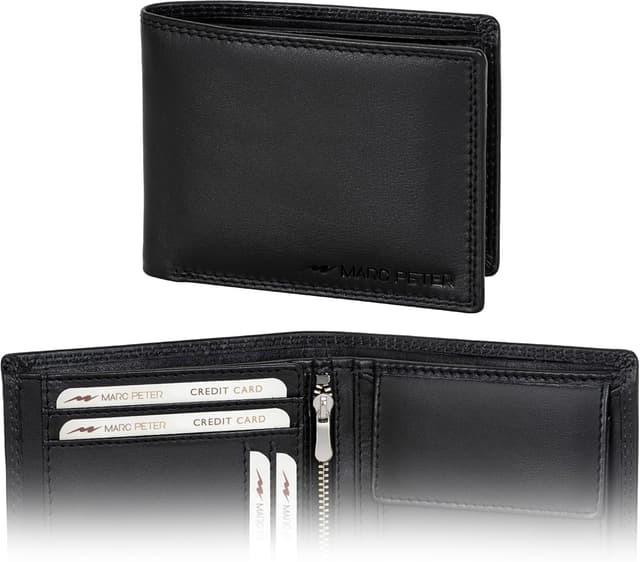 Detalle de Marc Peter® Hanover Herren-Geldbörse aus echtem Leder mit RFID-Schutz, Schwarz (Nappa) – 12 x 9,5 x 2 cm