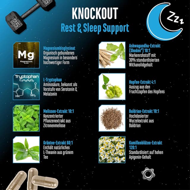 Detalle 2 de Knockout Sleep & Recover Support (120 Kapseln, vegan) mit Shoden® Ashwagandha, Magnesium, L-Tryptophan und L-Theanin