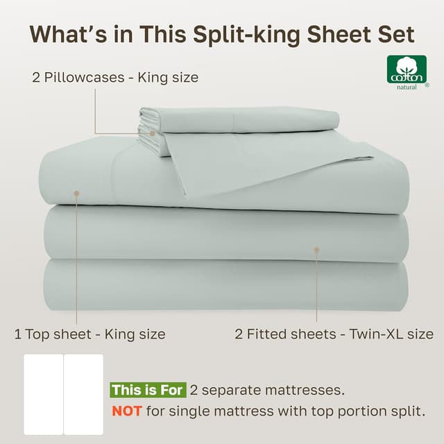 Thumbnail 3 de California Design Den Split King Bed Sheets Silver Sage