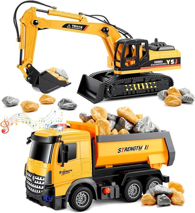 Detalle de EUTOYZ construction toy car set with excavator and dump truck (with music & lights) for ages 2–7