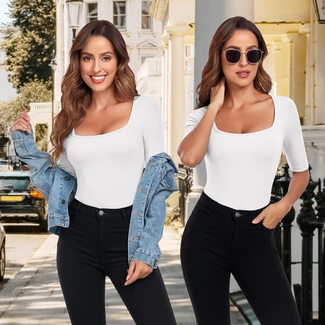 Detalle de WOWENY Damen Slim Fit T-Shirt mit Rippstrick