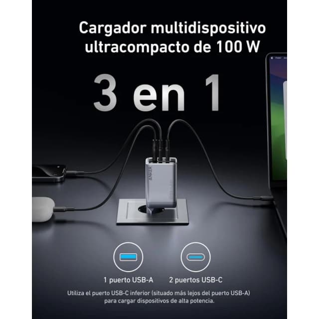 Detalle 2 de Anker Prime Charger 100W GaN, 3 puertos USB/USB-C 🔌