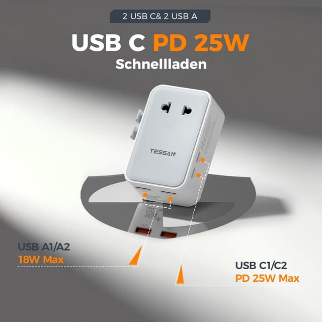 Detalle 2 de TESSAN Reiseadapter Weltweit 25 W Universal