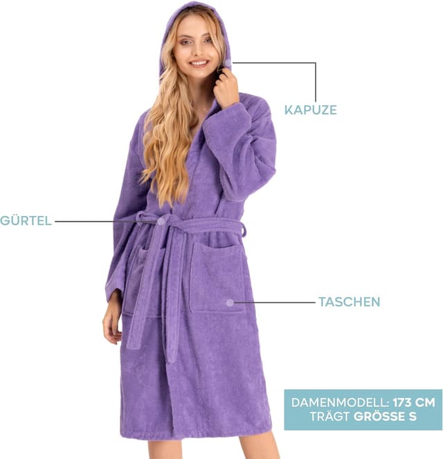 Detalle de Twinzen Damen-Bademantel mit Kapuze aus 100% Baumwolle (OEKO-TEX), 2 Taschen & Gürtel