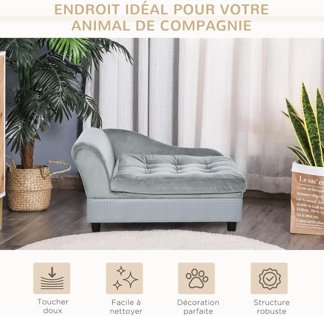 Detalle 2 de PawHut Canapé pour chien et chat sur pieds avec coffre de rangement et coussin amovible Gris clair (76 x 45 x 43 cm)