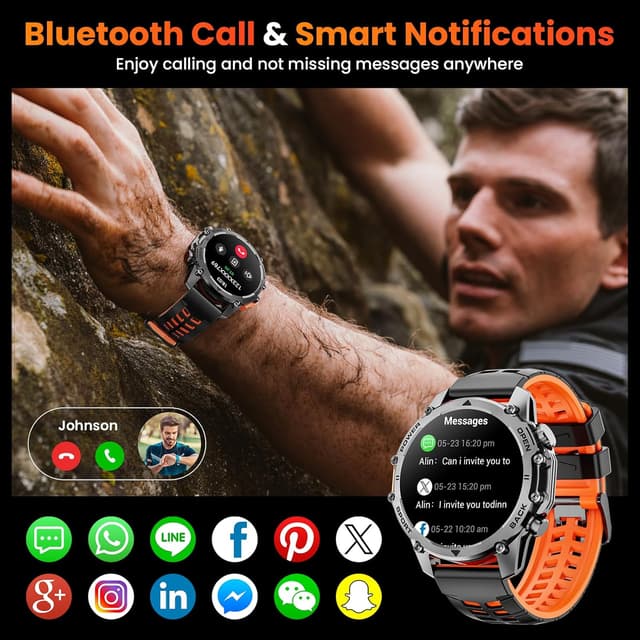 Detalle de Hwagol Military Smart Watch for Men with 1.52" HD Touch Display, Heart Rate/SpO2/Sleep Monitoring and Torch