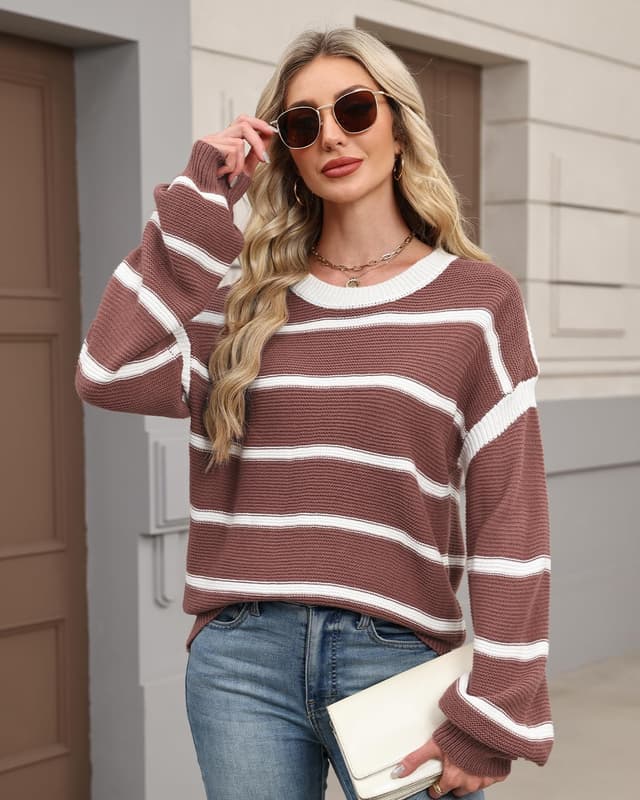 Detalle 2 de Gestreift Pullover Damen Winter – Rundhals-Langarm Strickpullover mit Wellenmuster und lockerer Passform